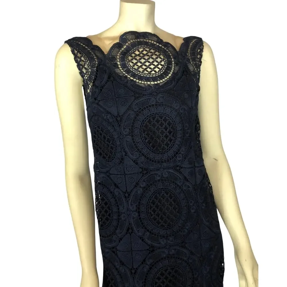 Tracy Reese Navy Surplice sleevless scalloped Lace Embroidered Dress size 4